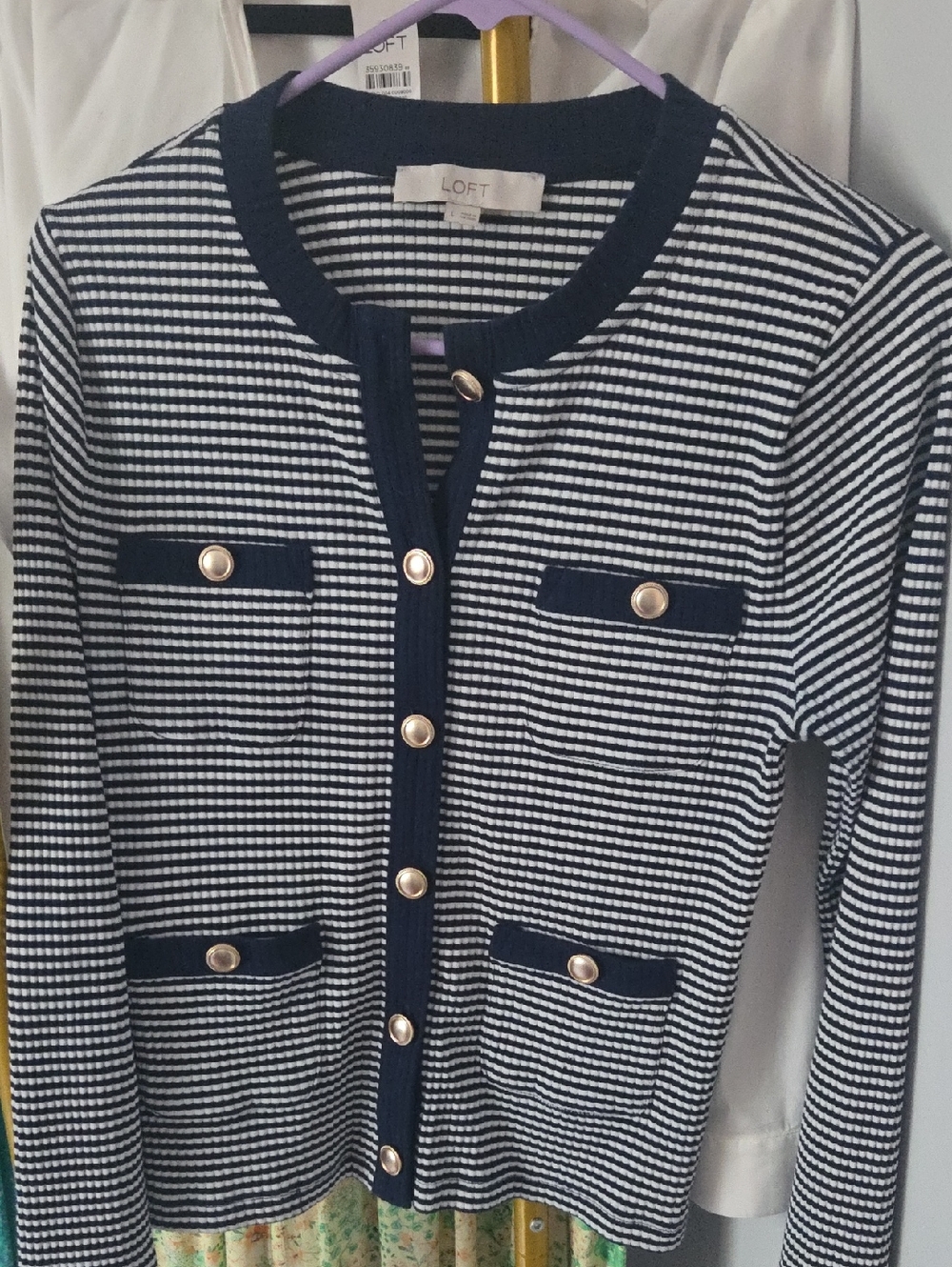 LOFT Navy and White Striped Button-Front Cardigan with Gold Buttons